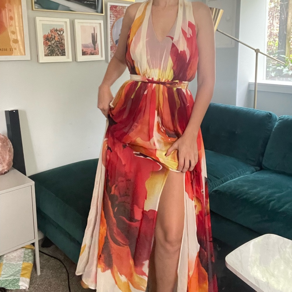 Flowing Watercolor Halter Dress